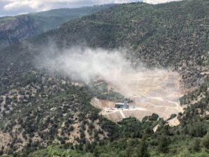 Large blasts from the Rocky Mountain Industrials limestone quarry shook Glenwood Springs on July 16, 2021, around 8:30 a.m. and again around 4:55 p.m. Ginny Minch captured this image of dust drifting out of the mine site about 5 minutes after the 4:55 p.m. blast.