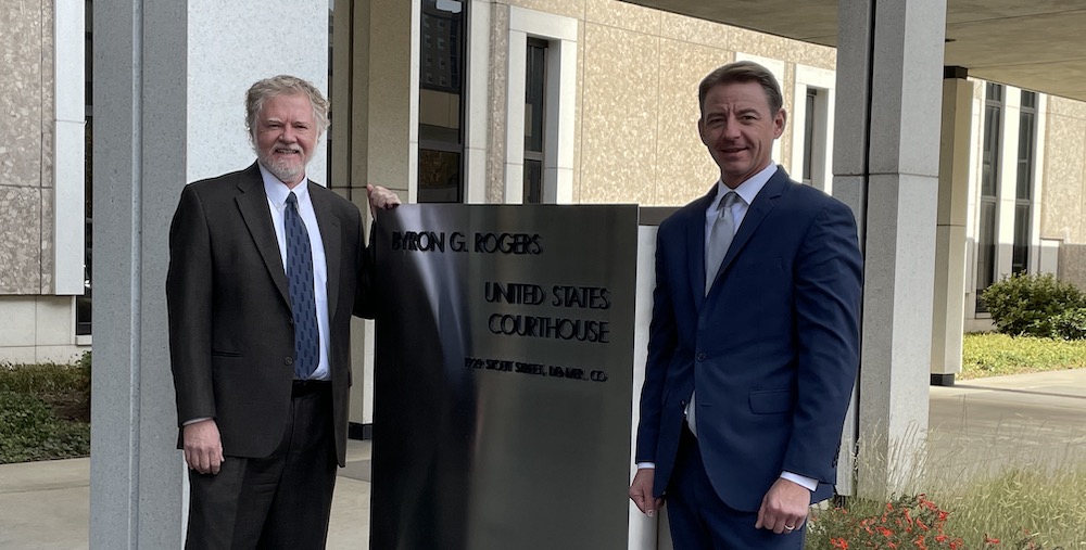Attorneys Roger Flynn, left, and Jeffrey Parsons with the Western Mining Action Project (WMAP), at the Byron G. Rogers U.S. District Courthouse in Denver. Flynn and Parsons represent the Glenwood Springs Citizens' Alliance in mining litigation. WMAP is a nonprofit based in Lyons; Flynn and Parsons represent the Citizens' Alliance pro bono.