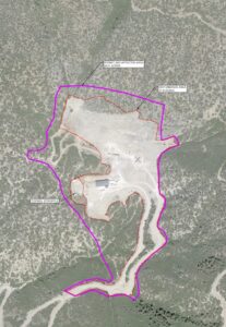 Aerial view of the Rocky Mountain Industrials limestone quarry north of Glenwood Springs. The pink line illustrates the boundary for the permit authorized by the Colorado Division of Reclamation, Mining & Safety.