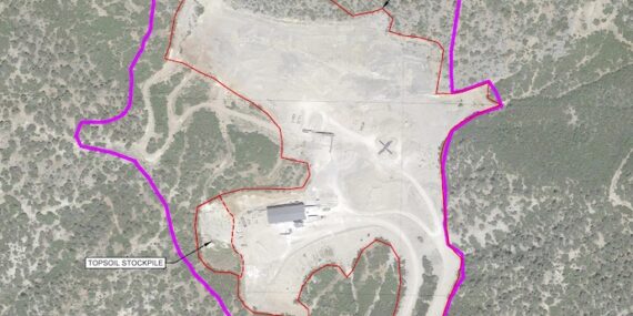 Aerial view of the Rocky Mountain Industrials limestone quarry north of Glenwood Springs. The pink line illustrates the boundary for the permit authorized by the Colorado Division of Reclamation, Mining & Safety.